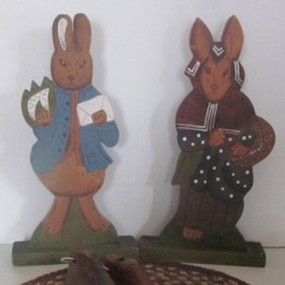 Easter Bunny Decor Rabbits 2 Hand Painted Bunnies Wooden primitive decor - Picture 1 of 5